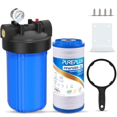 PUREPLUS 1-Stage Whole House Water Filter, with Iron Manganese Reducing Water Filter, for Well Water, 10"x4.5" Universal Housing