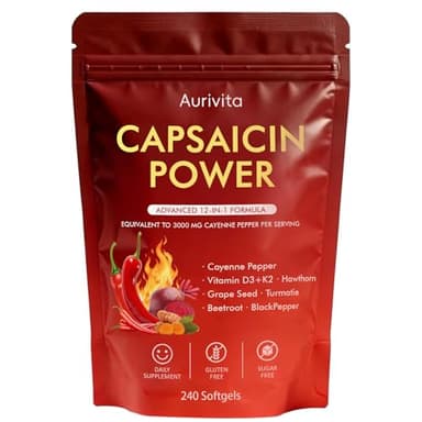 Boranel Aurivita Capsaicin Power - Cayenne Pepper Softgels Supplement, Digestive & Gut Health, with Vitamin D3+K2, Beetroot, Grape Seed and Other Extracts, 240 Capsules (1Pc)