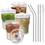 RÉΑLWÁY 13 OZ Glass Cups with Lids and Straws, Iced Coffee Cups with Lids, Clear Ribbed Glassware for Coffee Smoothie Cocktail Ice Tea, Glass Tumbler with Straw and Lid, Set of 4