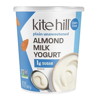 Kite Hill Plain Unsweetened Almond Milk Yogurt, 32 Ounces, Dairy Free, Live and Active Cultures, Gluten Free, Non-GMO, Vegan