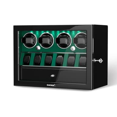 DUKWIN Watch Winder for 4 Automatic Watches,Lockable Watch Winders with Watch and Jewelry Storages, Super Quiet Mabuchi Motor with High-Gloss Piano Lacquer Finish,Built-in Illumination-Green