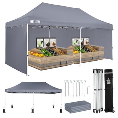CROWN SHADES 10x20 Pop Up Canopy Tent, Thicken Frame Commercial Heavy Duty Tent, 4 Sidewalls 8 Stakes & 4 Sandbags & 4 Ropes, Outdoor Canopies for Events, Parties, Gray