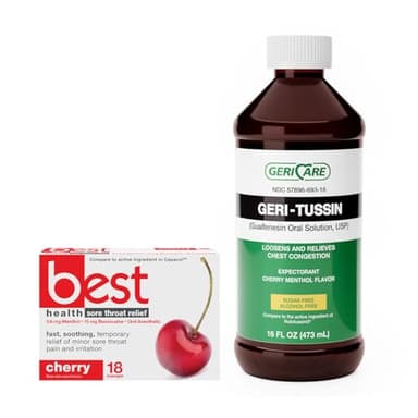 Geri-Tussin Liquid 16 Oz Guaifenesin 100 mg & Sore Throat Relief Lozenges 18 Count Bundle – Chest Congestion Expectorant with Benzocaine 15 mg, Menthol 3.6 mg, Fast Soothing Throat Relief, Cold & Flu