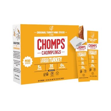 Chomps Snack Size Original Turkey Jerky Meat Sticks, ABF Turkey, Keto, Paleo, Whole30 Approved, Low Carb, High Protein, Gluten Free, Sugar Free, 35 Calories, 0.5 Oz (Pack of 24)