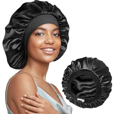 22 Momme 100% Real Mulberry Silk Bonnet for Sleeping Women, Large Hair Care Bonnet for Long Curly Hair, Double Layer Silk Hair Wrap with Soft Elastic Band, Non-Slip Sleep Cap, Black