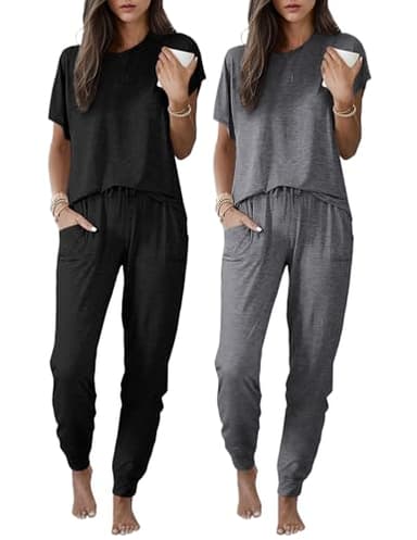 Ekouaer 2 pack Pajama Sets for Womens Jogger Pants Pjs Short Sleeves Lounge Set Soft Sleepwear with Pockets Black and Dark Grey M
