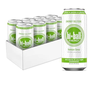 Hiball Clean Energy Drink - Lemon Lime - Zero Sugar, Zero Calorie Sparkling Water with 160mg Organic Caffeine, 50mg Organic Ginseng, 50mg Organic Guarana - 16 fl oz (8-Pack)