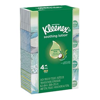 Kleenex Soothing Lotion Facial Tissues, 4 Flat Boxes, 110 Tissues Per Box (440 Tissues Total), Coconut Oil, Aloe & Vitamin E