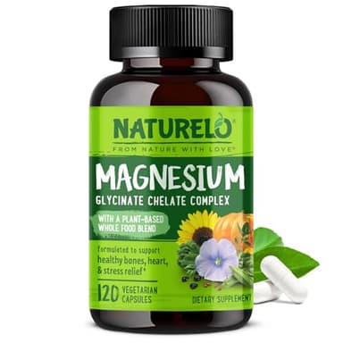 NATURELO Magnesium Glycinate Chelate Complex - 200 mg Magnesium with Organic Vegetables to Support Sleep, Calm, Muscle Cramp & Stress Relief - Gluten Free, Non GMO - 120 Capsules
