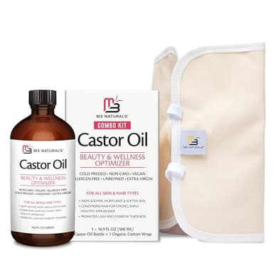 Pure Castor Oil Pack Kit, Large Hexane-Free Cold-Pressed in Glass Bottle with Adjustable Reusable Organic Cotton Wrap for Detox and Wellness (1 of Each) by M3 Naturals