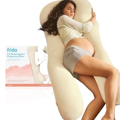 Frida Mom Full Body Support Pregnancy Pillow, Cooling Pregnancy Pillow, Wraps Around for All Over Support, Extended Length to Support from Head to Toe, Easy to Clean, Compact Storage Bag, Ivory