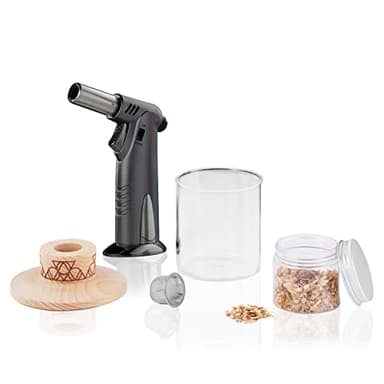 Viski Alchemi Single Serve Cocktail Smoker Kit Includes Low Ball Glass, Butane Torch, Smoker, Mesh Strainer and Oak Wood Chips for Whiskey, Old Fashioned, Bourbon, Gifts for Men, 5 Piece Set