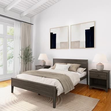 Plank+Beam Solid Wood Queen Bed Frame with Panel Headboard, Modern Queen Platform Bed with Wood Slat Support, No Box Spring Needed, Clay