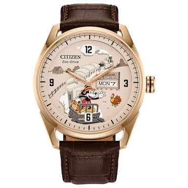 Citizen Men's Eco-Drive Hometown Mickey Mouse, Brown Leather Strap, Gold-Tone Stainless Steel Case Watch (Model: AW0088-04W)