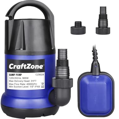 Sump Pump, 1 HP Submersible Water Pump, 4500 GPH Utility Pump, Thermoplastic Portable Electric Water Removal for Swimming Pool, Garden with 10ft Cord