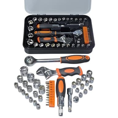Sunbaba 42 Piece Socket & Socket Wrench Sets 1/4 Drive Metric 4-13mm & SAE 5/32"-1/2", 3/8 Drive Metric 14-17mm, 1/4 Adaptors and Extensions, Mini Ratchet Angle Screwdriver and Bit