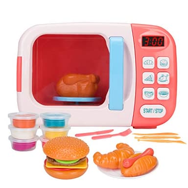 Microwave Toys Kitchen Play Set with Light Sound,Kids Pretend Play Electronic Oven with Play Food and 6 Color DIY Play-Dough for Children Ages 3+ Years (Pink)