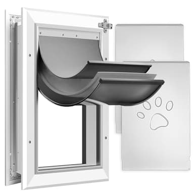 [Petoasis] 3-Flaps Heavy-Duty Dog Door, Rust Proof Aluminum Alloy Frame, Extreme Weather Dog Door Can Block Wind, Snow, and Rainwater Intrusion (Silvery White, Large for Door)