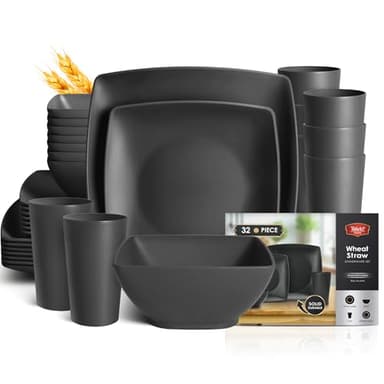 Teivio 32-piece Plastic Wheat Straw Square Dinnerware Set for 8, Unbreakable Dinner Plates, Salad Plates, Snack Bowls, Tumblers, Dishwasher Safe, Black