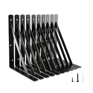 HOME MASTER HARDWARE 12 inch x 8 inch Heavy Duty Shelf Brackets, Load Capacity: 600lb, Black Metal 90 Degree Supports for Shelves 10-Pack, Wall Mounted L Bracket for Floating Shelving with Screws