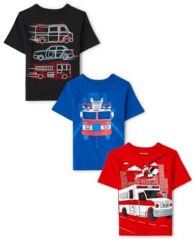 The Children's Place Baby Boy's and Toddler Sports,Cars, Short Sleeve Graphic T-Shirts,3 Pack, Firetuck/Ambulance/Trucks, 18-24 M/M