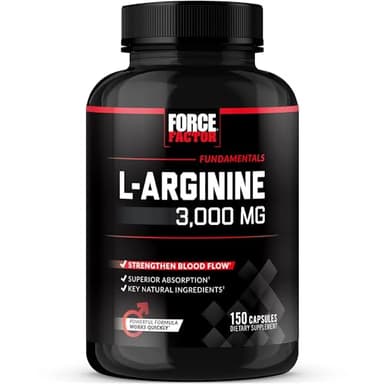 Force Factor L-Arginine Nitric Oxide Supplement with BioPerine to Help Build Muscle and Support Stronger Blood Flow, Circulation, Nutrient Delivery, and Pumps, L-Arginine 3000mg, 3g, 150 Capsules