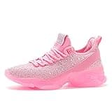BELOS Women's Fashion Rhinestone Mesh Knit Slip On Sneaker Breathable Glitter Walking Shoes(Pink,9)