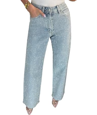 Sexyshine Women's Diamond Rhinestone Jeans High Waist Straight Wide Leg Stretchy Bling Denim Pants(27897BE,2XL) Blue