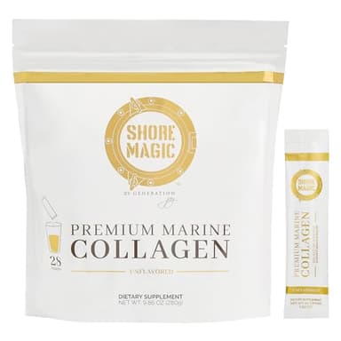 Shore Magic Premium Marine Collagen Powder – Hydrolyzed Type I, II, III & IV Peptides for Skin, Hair, Nails & Joints – Wild-Caught Fish, Kosher, Unflavored, Travel Friendly, 28 Daily Packets