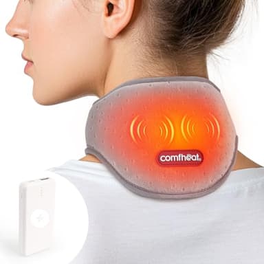 comfheat Cordless Neck Heating Pad with Vibration Massager for Pain Relief, Rechargeable Heated Neck Wrap FSA Eligible HSA for Soreness Stiffness, 3 Heat Levels & Vibrations, 3000mAh Battery Included