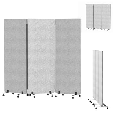 Soundproof Room Divider with Wheels, 66in Acoustic Room Divider Panel, 3 Panel Office Partition Wall for Noise Cancelling, Portable Temporary Wall Cubicle Divider (Light Grey)
