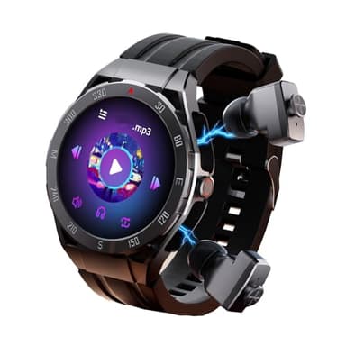 F33 Smart Watch with Earbuds 3 in 1 MP3 Bluetooth Headset 1.43 Inch Smartwatch Built-in Wireless Earbuds Speaker Round Fitness Tracker Body Health Monitor 512MB Memory Local Music Player (Black)