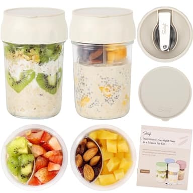 SOLIGT 2 Pack Overnight Oats Containers with Lids, Folding Spoons and Divided Compartments for Fruit & Nuts, Small Glass 16oz Mason Jars for Oatmeal Yogurt Parfait (2 Set-Oat White/Oat White)