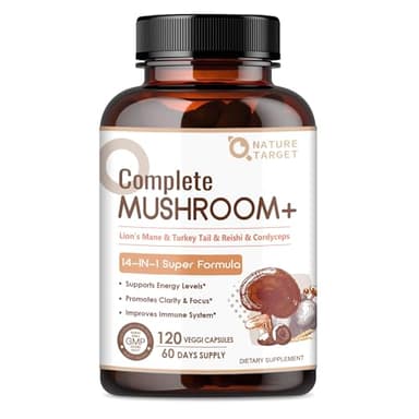NATURE TARGET Mushroom Supplement, Mushroom Complex with Lion's Mane, Turkey Tail, Reishi, Cordyceps, Shiitake, 14-in-1 Mushrooms for Memory and Focus, 120 Capsules