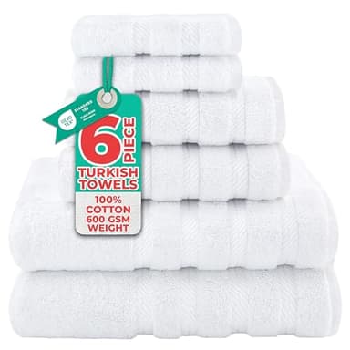 American Soft Linen Luxury 6 Piece Towel Set, 2 Bath Towels 2 Hand Towel 2 Washcloths, 600 GSM 100% Cotton Turkish Towels for Bathroom, White Towel Sets