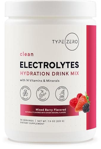 Type Zero Clean Electrolytes Hydration Powder Drink Mix + 14 Essential Vitamins & Minerals - Sugar Free, Zero Artificial Ingredients - Mixed Berry Flavor, 50 Servings