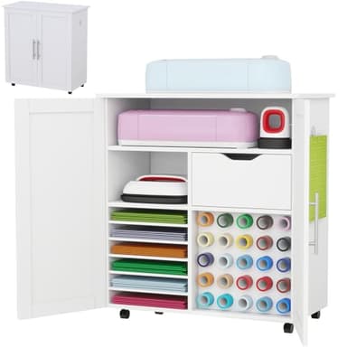 Dilando Craft Organization and Storage Cart Compatible with Cricut Machines Rolling Craft Table Organizer Cabinet with Vinyl Rolls Holder Drawers Craft Storage Cart for Craft Room Home White