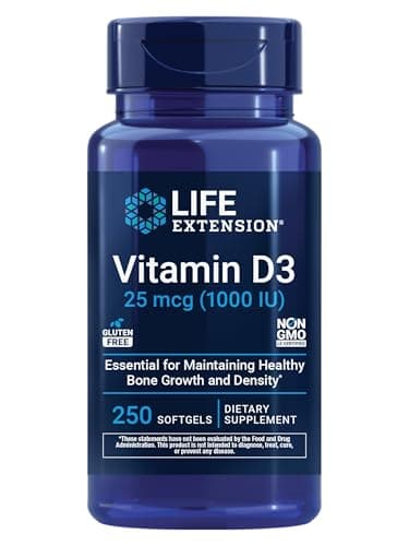 Life Extension Vitamin D3 25 mcg (1000 IU), Immune System Support, Bone Health, Whole-Body Health, Value Size, Gluten-Free, Non-GMO, 250 softgels