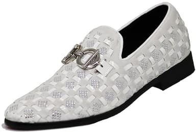 Enzo Romeo UTA Men's Fashion Rhinestone Glitter Buckle Slip On Dress Shoes (12 D(M) US, White 01)