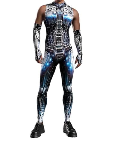 Men's Halloween Muscle Cosplay Jumpsuits 3D Mechanical Robot Skeleton Print Skinny Jumpsuit Stretch Bodysuit Outfit Catsuit