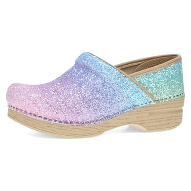 Dansko Professional Glitter Slip-On Clogs for Women – Rocker Sole and Arch Support for Comfort – Shiny and Stylish Glitter Uppers Pastel Rainbow 11.5-12 Wide US