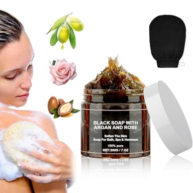 Morocco Black Soap with Argan and Rose, Morocco Black Beldi Bar Exfoliating Soaps, Moroccan Black Soap Hammam, Moroccos Body Scrub with Exfoliating Glove