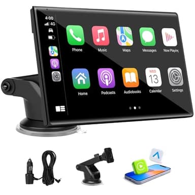 7 inch Carplay Screen for Car - Supports Wireless Apple Carplay & Android Auto, Portable Touchscreen with Bluetooth, Navigation, Voice Control, Mirror Link,Universal for All Cars (Black)