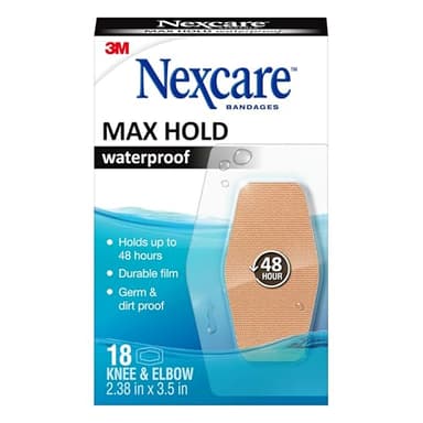 Nexcare Max Hold Waterproof Bandages, Comfortable, Low-Profile Film Fits Close To The Skin, Knee & Elbow, 2.38 x 3.5 in, 18, 1.0 Count, 0.05 kilograms