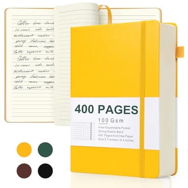 Journals for Writing 400 Pages, A5 Leather Ruled Notebook, 100 Gms College Ruled Journal with Thick Paper, Hardcover with Inner Pocket & Pen Holder, Yellow