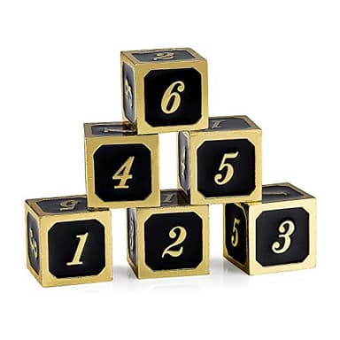 DNDND D6 Metal Dice Set, 6 Pieces 6 Sided Metal Die with Free Black Velvet Bag for DND Pathfinder Shadowrun or GURPs (Black with Gold Number)