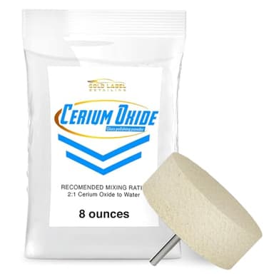 Gold Label Detailing Optical Grade Cerium Oxide 8oz Glass Repair Powder | Glass Window and Windshield Repair | Optical Grade, for use with Camera, Scope, Binocular Lens (8oz with 3" Felt Bob Wheel)