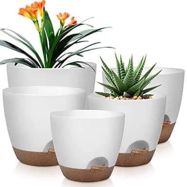 QRRICA Plant Pots 10/9/8/7.5/7 Inch Self Watering Pots, Set of 5 Plastic Planters with Drainage Holes and Saucers,Plastic Flower Pots,Nursery Planting Pot for Indoor Out Door Plants（White）