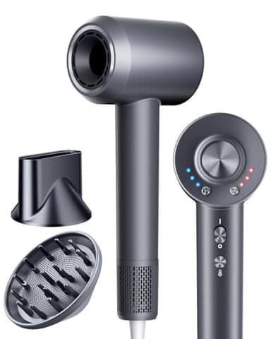 KVINEEN Hair Dryer with Diffuser, Blow Dryer with 160000 RPM Brushless Motor & Negative Ions for Fast Drying, Advanced Heat Control to Prevent Damage, Low-Noise Design, Self-Clean, Gray