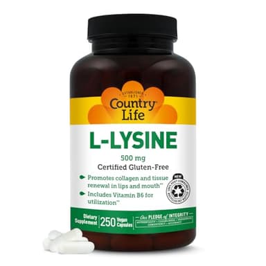 Country Life L-Lysine 500mg with B-6, Supports Immune Health, Promotes Collagen Renewal in Lips and Mouth, 250 Vegan Capsules, Certified Gluten Free, Certified Vegan